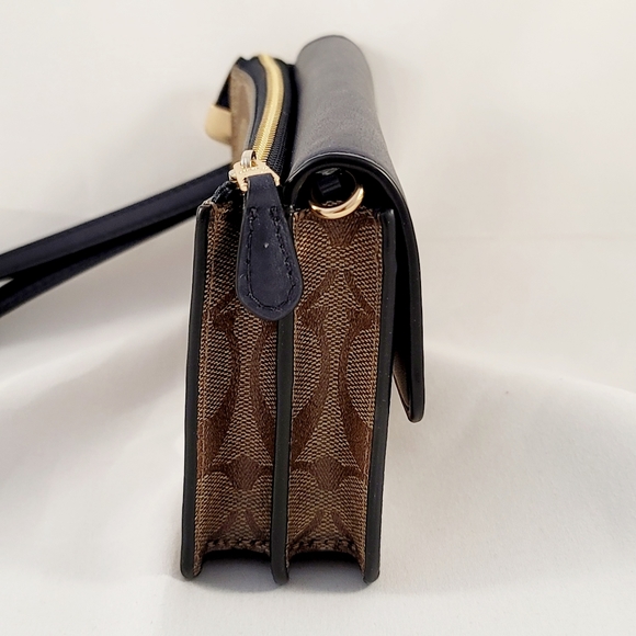 Coach Signature Foldover Dark Brown/Black Canvas Leather Wristlet Wallet Clutch - Picture 3 of 6